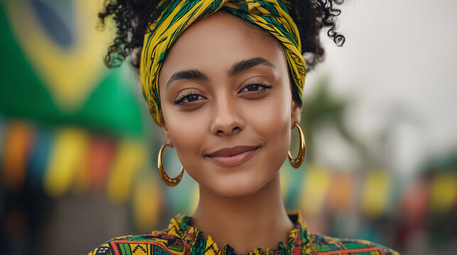 Celebrating Black Consciousness Day A portrait of a proud woman with a vibrant headwrap and colorful clothing, symbolizing the spirit of Dia da Consci&ecirc;ncia Negra