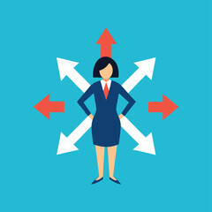 businesswoman evaluating multiple arrow directions