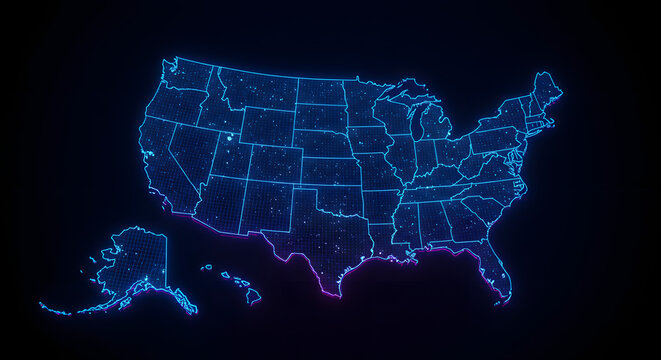 Abstract technological illustration of the USA map with glowing blue and purple neon lights showing state boundaries and a sense of a digital network
