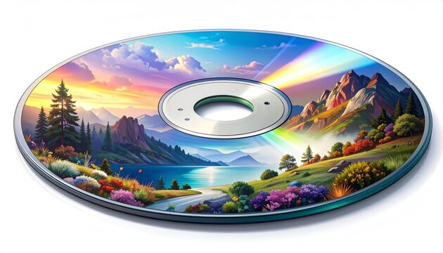 Cd disc art featuring scenic landscape of mountains lake and sky with vibrant colors - Powered by Adobe
