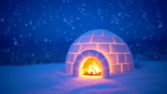 Cozy Igloo with Fireplace in Winter Wonderland Night Scene.