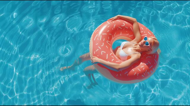 Woman relaxes on pink donut float in bright blue swimming pool water during summer holiday vacation