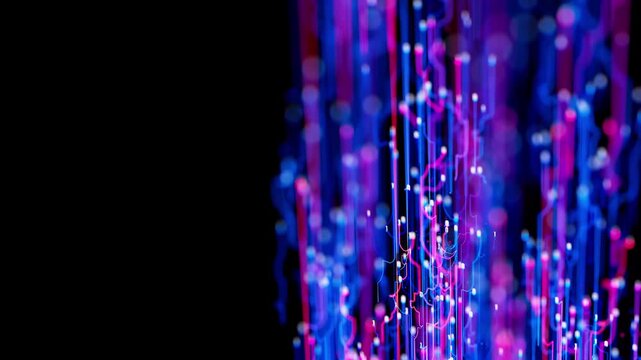 Big data light speed flow. Abstract digital data stream of quantum computing. Cyberspace of qubit trails. Modern tech information transmission.