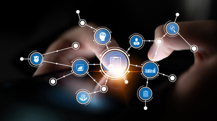 Conceptual visualization of digital connections featuring various icons related to data and technology, with hands interacting over a smartphone. Tessel