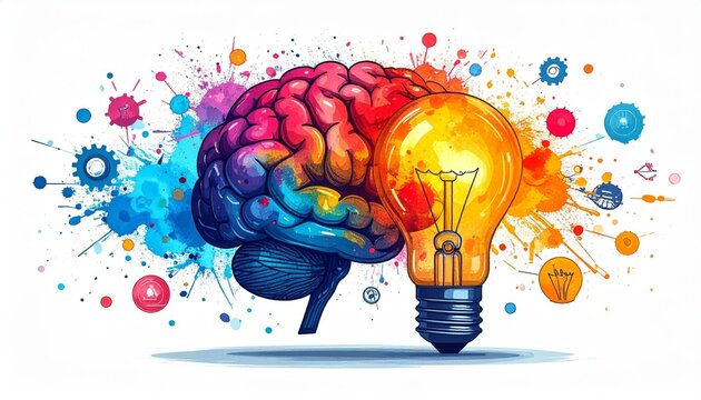 Conceptual illustration of brain light bulb and colorful splash art on white