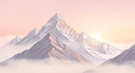 majestic mountain peaks glowing in morning light, pink sky, peaceful landscape, digital art
Title: Majestic snow-covered mountains at sunrise.