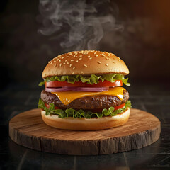 Delicious juicy beef burger on rustic wooden board, Vintage dark food photography