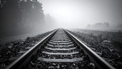 Black and white image captures a set of railroad tracks receding into a misty landscape. A line of trees flanks the rail on either side