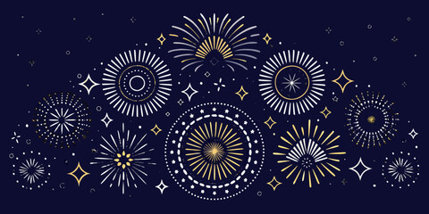 Festive abstract fireworks display with starbursts and sparkles on a dark blue background