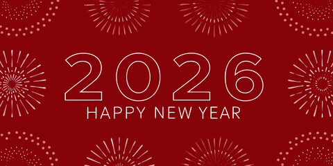 Happy new year 2026 with festive white fireworks on a deep red background