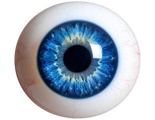 Highly detailed blue human eyeball with realistic iris texture, pupil, and light reflections, isolated on a transparent background. Perfect for anatomy, medical visuals.
