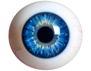 Highly detailed blue human eyeball with realistic iris texture, pupil, and light reflections, isolated on a transparent background. Perfect for anatomy, medical visuals.