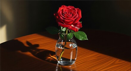 elegant red rose in a glass vase with soft light and wooden background, romantic minimalism still life
Title: Red rose in a glass vase on wooden table.