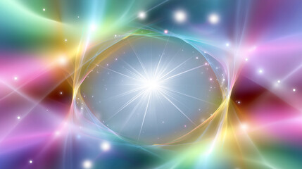Defocused rainbow light halo around abstract geometric star shape, smooth and tranquil aesthetic, with copy space.