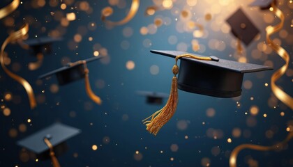 Illustration of graduation caps with golden tassels and ribbons floating on a dark blue background with blurred lights. Festive scene symbolizes success and celebration of educational achievement.