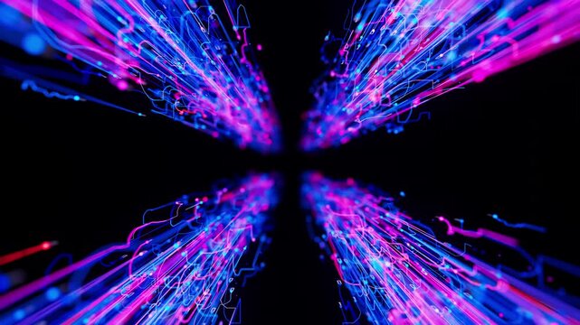 Big data light speed flow. Abstract digital data stream of quantum computing. Cyberspace of qubit trails. Modern tech information transmission.