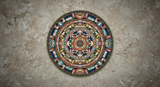A detailed, circular, symmetrical design sits on a mottled, beige textured background. The art is multi-colored and intricate