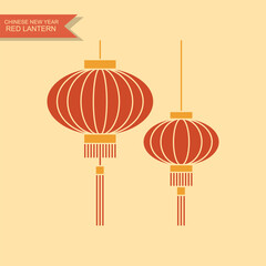 Flat vector illustration of traditional Chinese red lantern for Chinese New Year. Festive symbol used for holiday decor, cards, and design projects.