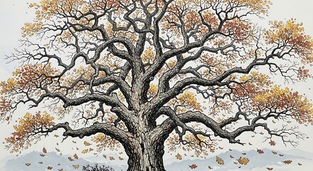 detailed artistic tree with twisted branches and falling leaves, concept of change and growth, nature illustration
Title: Artistic tree with bare branches and falling leaves.
