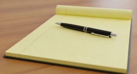 Naklejka premium Yellow lined legal pad placed on wooden desk with black pen, representing organization and productivity in a workspace, ideal for creative brainstorming and note-taking 