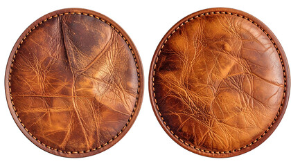 Two brown, circular leather coasters with stitching around the edge, shown close up on a black background