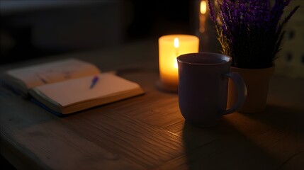 Nighttime Writing with Candle and Mug