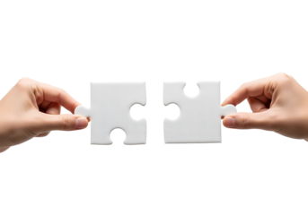 Two hands are seen holding puzzle pieces, connecting them together, demonstrating the concept of teamwork and problem-solving