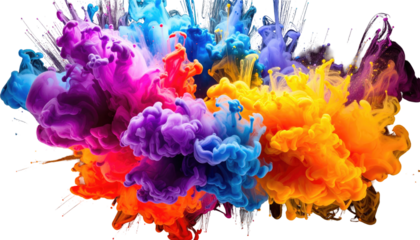 Vibrant explosion of multicolored pigment clouds against a solid black background, creating a dynamic and energetic display
