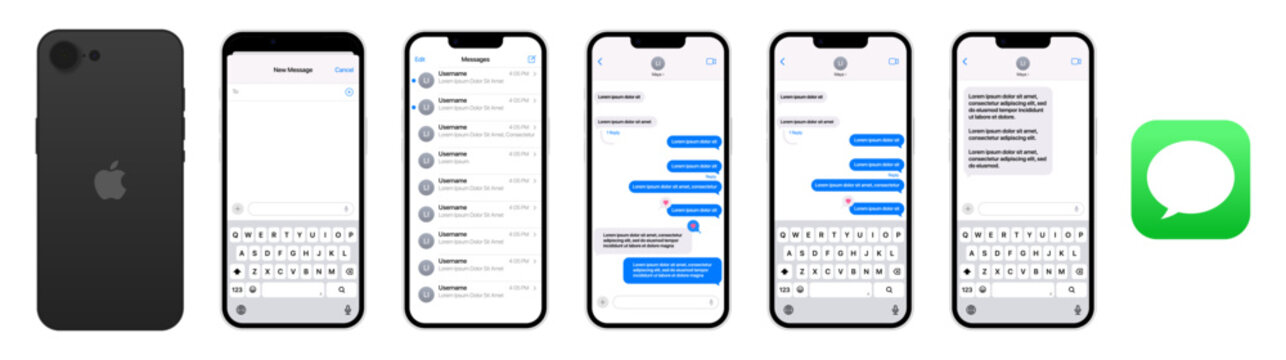 Apple iMessage interface mockup on iPhone with iOS 26 showing Messages app layout, text conversation bubbles, and keyboard UI for modern Apple chat design.