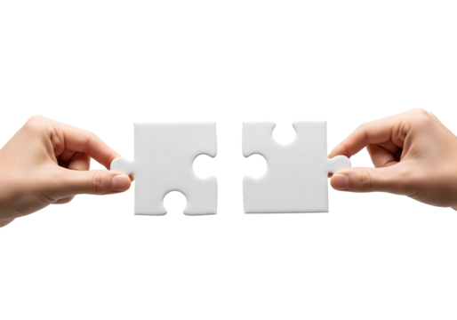 Two hands are seen holding puzzle pieces, connecting them together, demonstrating the concept of teamwork and problem-solving