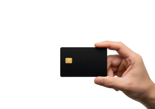 A hand holding a sleek black card with a gold chip