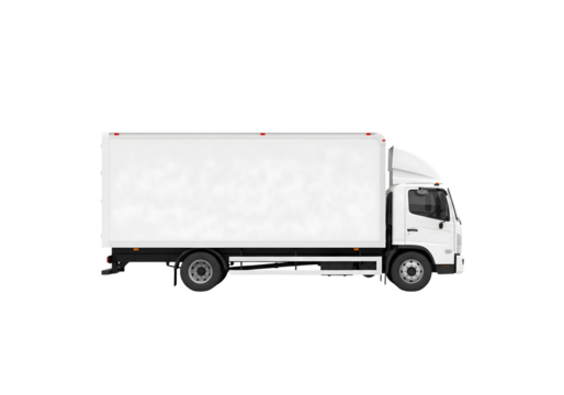A delivery truck in profile view, transporting goods. The truck is depicted against a neutral backdrop