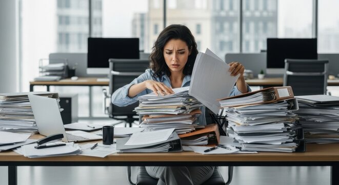 Female office worker, surrounded by stacks of paperwork, is focused on organizing documents at her desk, illustrating the complexities of managing tasks in a busy environment	