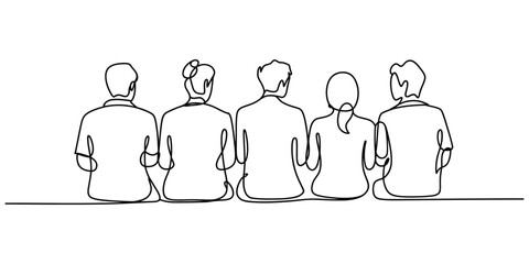 Minimalist continuous line drawing of five people sitting together side by side vector © Icon_gallery