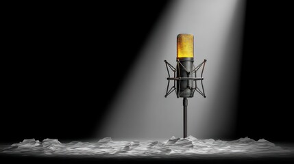 Professional Studio Microphone Illuminated by a Dramatic Spotlight on Stage.
