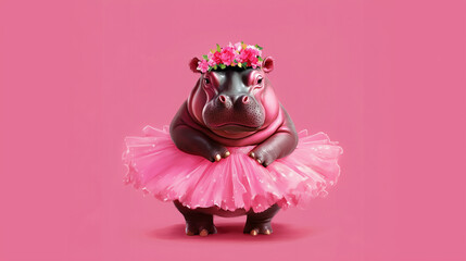 Naklejka na ściany i meble A confident hippopotamus dances gracefully in a pink ballet skirt, flowers adorning its hair, radiating style and charm.