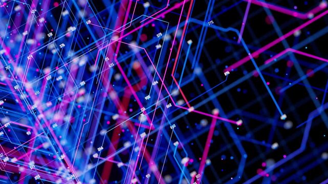 Artificial intelligence big data processing flow animation. Quantum computing core with data travelling and logic operations. Futuristic technology processor.