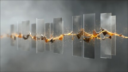 Abstract composition of transparent glass panels and golden light.