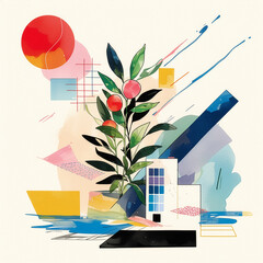 Abstract modern illustration symbolizing creativity and growth through geometric shapes and natural elements