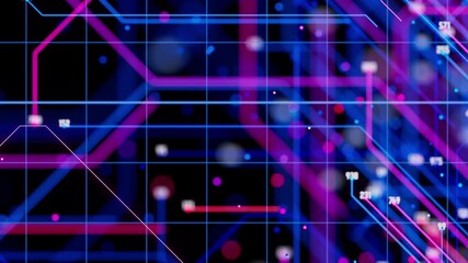 Artificial intelligence big data processing flow animation. Quantum computing core with data travelling and logic operations. Futuristic technology processor.