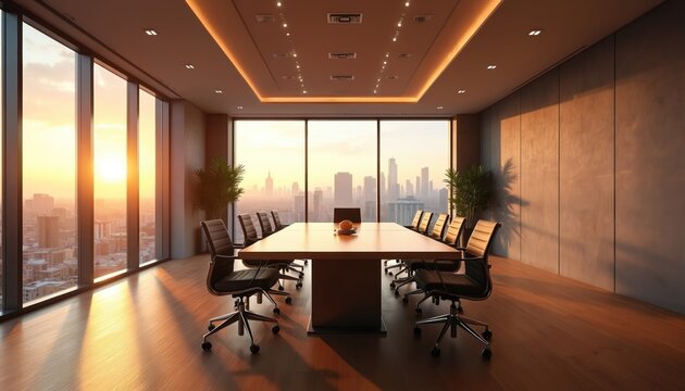 Modern empty office conference room. Long table, ergonomic chairs, city skyline visible through large windows. Golden hour sun creates warm, professional atmosphere, ready for collaboration, - Powered by Adobe