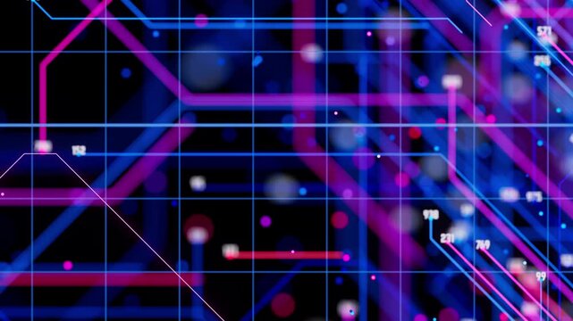 Artificial intelligence big data processing flow animation. Quantum computing core with data travelling and logic operations. Futuristic technology processor.
