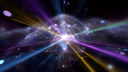 Fototapeta premium Faceless abstract visualization of sacred geometry illuminated by rainbow energy beams, soft defocused focus for a meditative mood, with copy space.