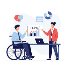 Two professionals, one in a wheelchair, analyzing a chart demonstrating significant business growth in a collaborative office meeting.