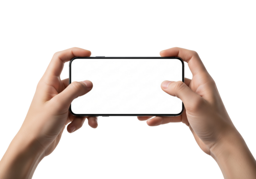 A pair of hands holding a modern smartphone horizontally, featuring a blank screen. The hands grip the phone securely, ready for use