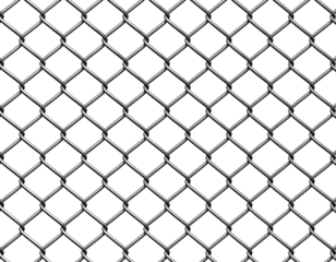 Detailed metal chain link wire mesh fence segment with silver galvanized steel appearance, isolated on transparent background.