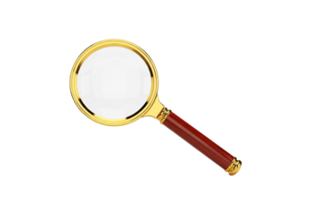 A classic magnifying glass with a gold frame and a red handle, perfect for inspection and detail
