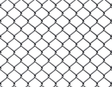 Detailed metal chain link wire mesh fence segment with silver galvanized steel appearance, isolated on transparent background.