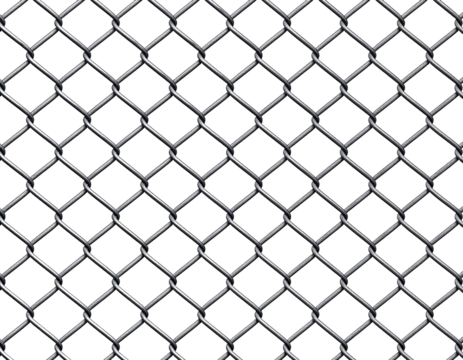 Detailed metal chain link wire mesh fence segment with silver galvanized steel appearance, isolated on transparent background.