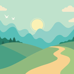 Obraz premium Minimal Mountain Landscape with Sunrise and Curved Path – Flat Nature Vector